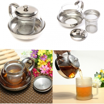 600ML Edelstahl Moderne Infuser Teekanne Kräuter mit Filter hitzebeständigem Glas Kaffeekanne