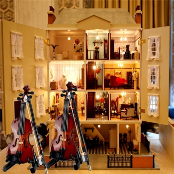 1/12 Violine aus Holz Musikinstrument mit Case &amp; Halter Doll House Decor Zubehör Geschenk 