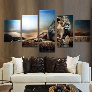 5PCS Frameless Segeltuch Druck sitzende Löwe Wand Kunst Anstrich Abbildungs Ausgangsdekoration
