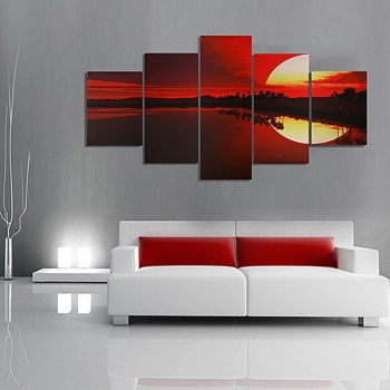 5PCS Frameless Segeltuch Anstrich rote Dämmerung Seeufer Abbildungs moderne Wand Kunst Ausgangsdekor