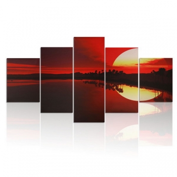 5PCS Frameless Segeltuch Anstrich rote Dämmerung Seeufer Abbildungs moderne Wand Kunst Ausgangsdekor