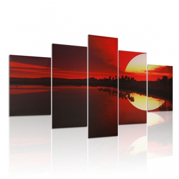 5PCS Frameless Segeltuch Anstrich rote Dämmerung Seeufer Abbildungs moderne Wand Kunst Ausgangsdekor