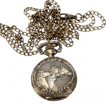 Bronze 3 Pferde Engrave Quarz Taschen Uhr Halskette