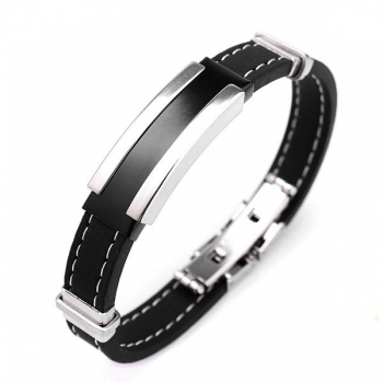 Herren Silber Edelstahl Armband Armband Schwarz Gummi