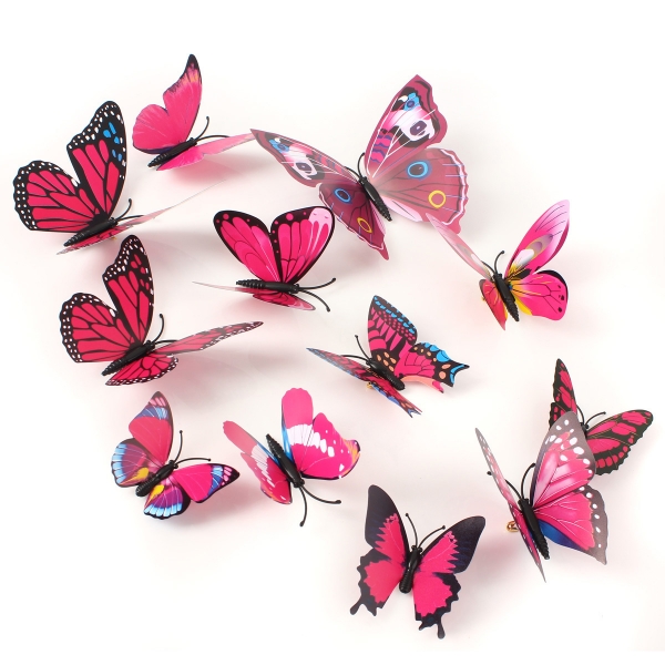 12pcs 3D Rose Red Butterfly Wand Aufkleber Kunst Abziehbilder Startseite Hochzeit Dekoration