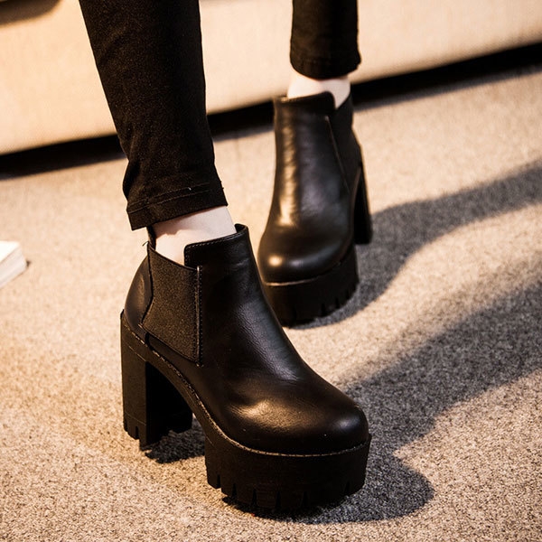 Neue Frauen Stiefel PU Elastic Fashion Black High Heel Komfortable Slip-On Schuhe 