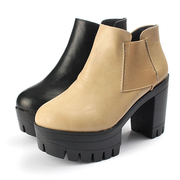 Neue Frauen Stiefel PU Elastic Fashion Black High Heel Komfortable Slip-On Schuhe 