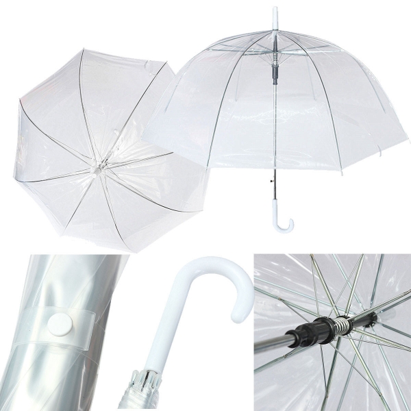 Große weiße Kunststoff klar Dome Lange Schirmgriff Stahl PVC Transparent Gehen Rainy Wet Brolly
