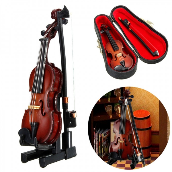 1/12 Violine aus Holz Musikinstrument mit Case & Halter Doll House Decor Zubehör Geschenk 