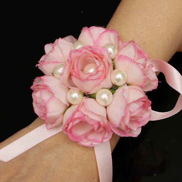 Bridemaid Seide Rose Blume Perle Armband Handgelenk Corsage Hochzeit Braut Accessoires