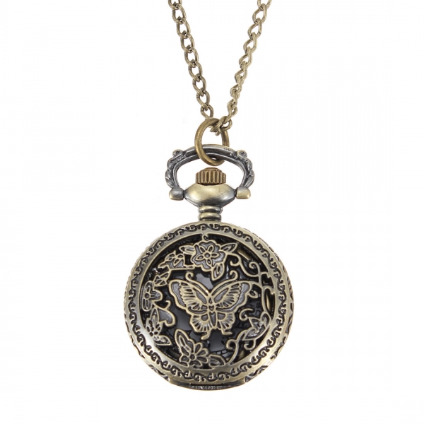 Bronze Schmetterling Engrave Quarz Taschenuhr Anhänger Kette Halskette