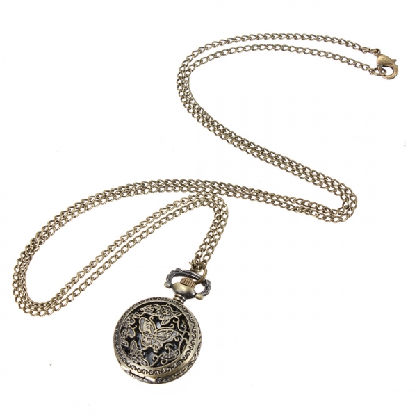 Bronze Schmetterling Engrave Quarz Taschenuhr Anhänger Kette Halskette