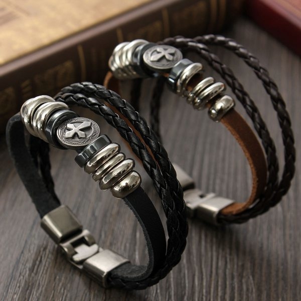 Punk Multilayer Kreuz Geflochtene Charm Leder Wickelarmband Unisex