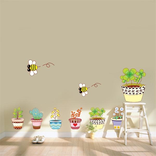 6 Bunte eingemachte Blumen Pflanzen Bee Wall Stickers Rural Garden Abnehmbare Art Abziehbild Dekoration Kinderzimmer DIY