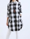 Damen Casual Langarm Plaid Lose Tasche Knopf Lange Blusen